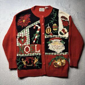 Vintage 90s Christmas Sweater Red Separate Scene Noel Womens Large Knit Cardigan